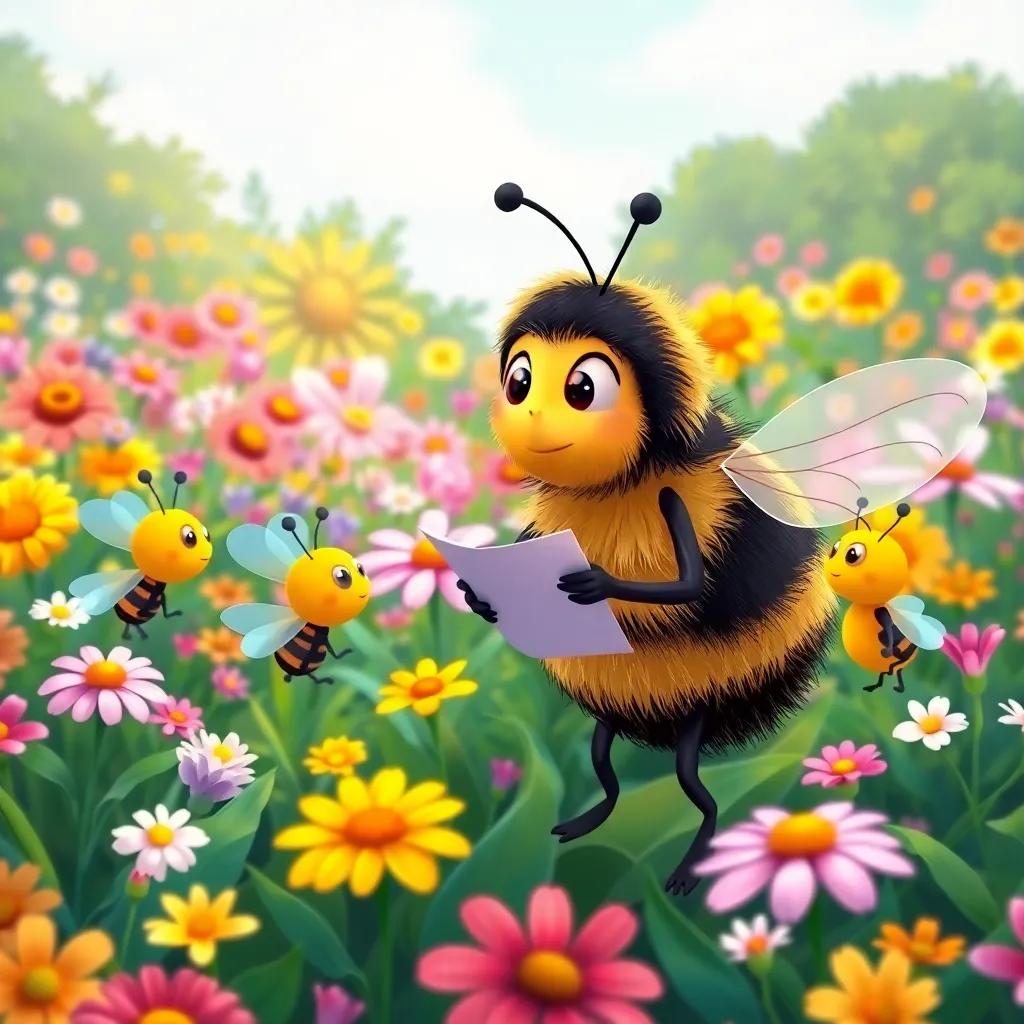 Benny the bumblebee sharing his story with other young bees, inspiring them to follow their dreams in a colorful garden full of blooming flowers, cheerful narrative illustration, engaging colors, enchanting view
