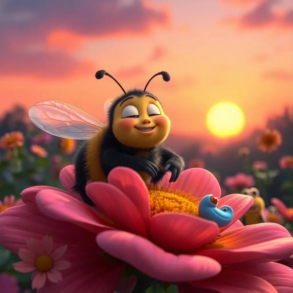 Benny the Brave Bumblebee resting on a flower petal, reflecting on his journey with a big smile, surrounded by friendly garden creatures, a faded sunset sky in the background, magical look, warm colors, heartening atmosphere