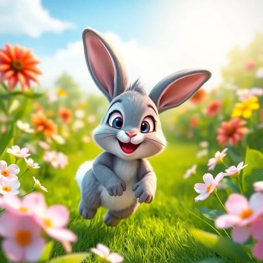 A cheerful bunny named Benny, a small gray bunny with big bright eyes, hopping joyfully in a vibrant green garden filled with flower blossoms under a sunny sky, digital art, bright colors, playful atmosphere, high quality