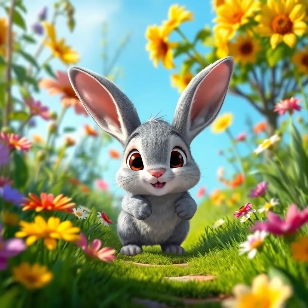 Benny the Bunny, a small gray bunny with big bright eyes, discovering a hidden path in a lush garden, surrounded by colorful flowers, under a clear blue sky, digital art, enchanting, adventure-themed, high quality