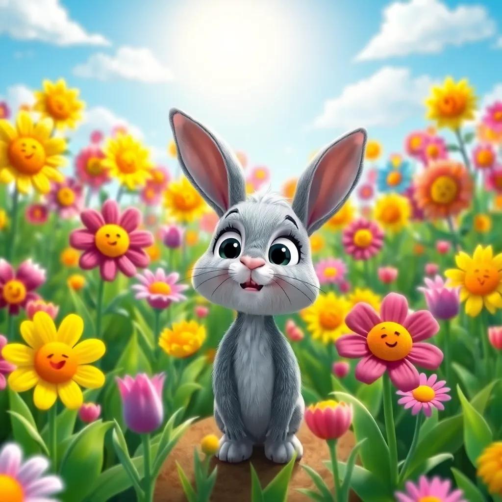 A magical field full of colorful talking flowers with smiling faces, Benny the Bunny, a small gray bunny with big bright eyes, looking amazed, the sun shining brightly above, digital art, cheerful, whimsical, high quality