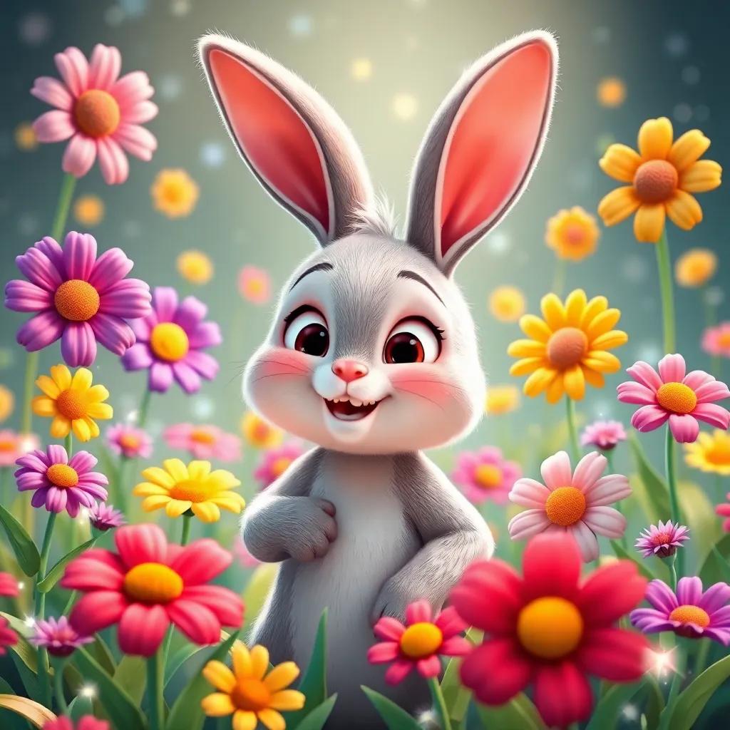 Benny the Bunny, surrounded by colorful talking flowers, all dancing and smiling, the flowers telling funny stories, in a vibrant field with sparkling lights, digital art, joyful, child-friendly, high quality