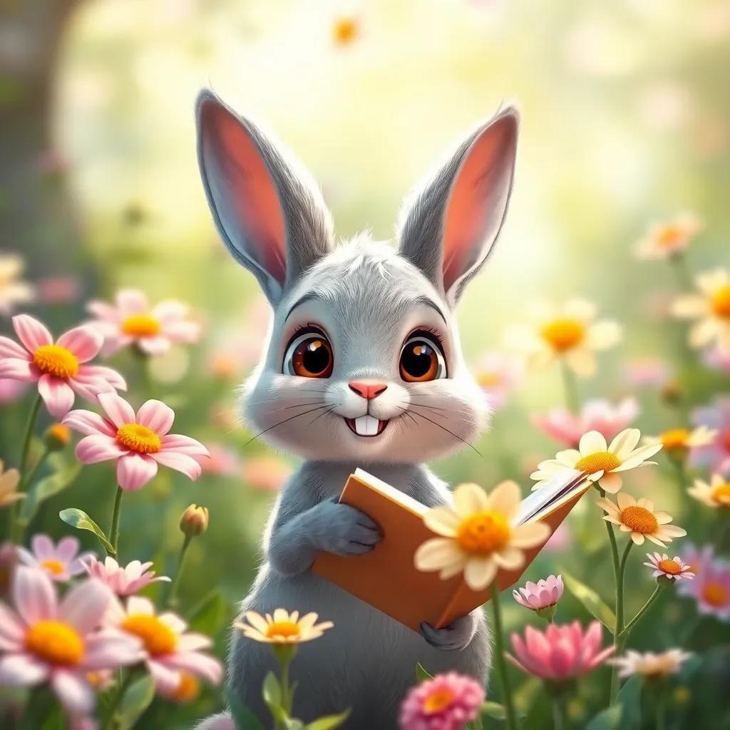 Benny the Bunny, a small gray bunny with big bright eyes, happily sharing stories with the flowers in a blooming garden, their petals glimmering in the sunlight, digital art, bright, joyful atmosphere, high quality