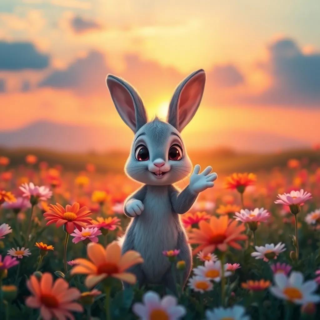 A beautiful sunset in the magical flower field, Benny the Bunny, a small gray bunny with big bright eyes, waving goodbye to the flowers, feeling happy and content, warm colors, serene, heartwarming, high quality