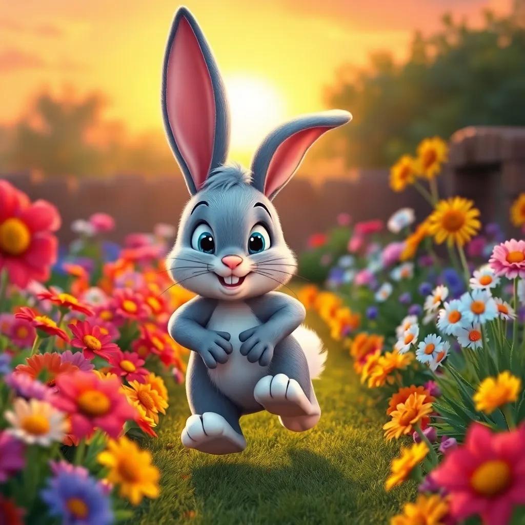 Benny the Bunny, a cheerful gray bunny with bright eyes, hopping back home through a colorful garden, the flowers waving goodbye, all under a golden sunset sky, digital art, vibrant, sweet atmosphere, high quality