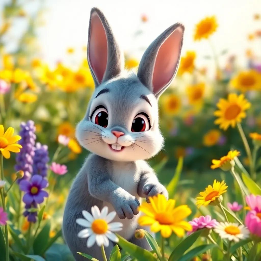 Benny the Bunny, a small gray bunny with big bright eyes, playing with flowers in a bright sunny garden, all smiling and enjoying their time together, vibrant and cheerful, digital art, joyful, playful atmosphere, high quality