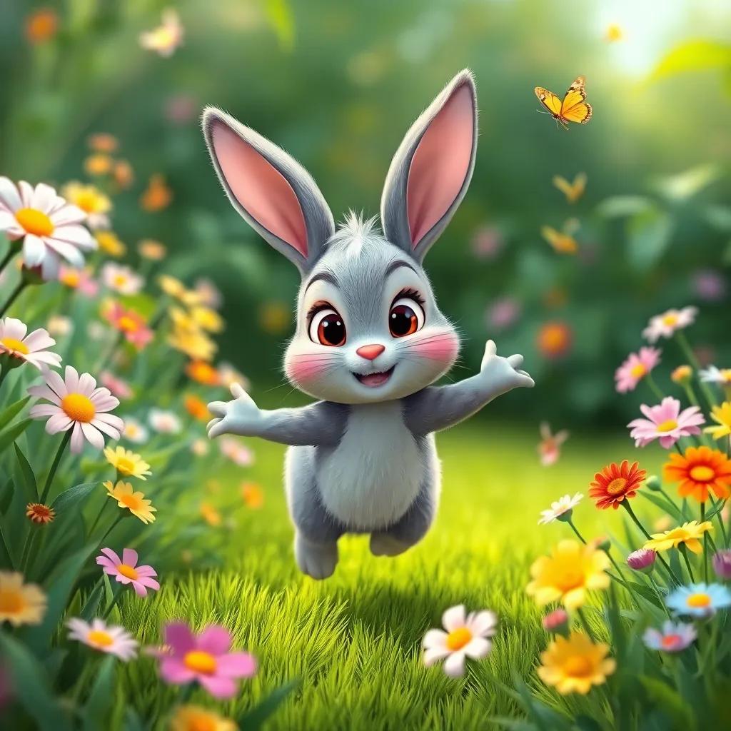 Benny the Bunny, a small gray bunny with big bright eyes, joyfully hopping in a lush green garden, with butterflies fluttering around, colorful flowers in bloom, bright colors, vibrant, cheerful, high quality