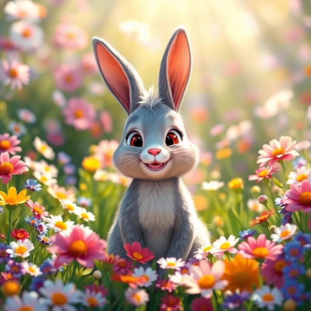 A happy Benny the Bunny, a small gray bunny with bright eyes, in the magical flower field, surrounded by flowers of all colors, with sunlight streaming down, capturing the essence of friendship, digital art, radiant, colorful, high quality