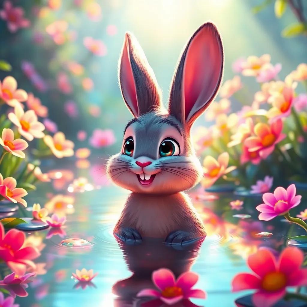 A shiny pond surrounded by magical glowing flowers, Benny the bunny, with big, happy eyes, admiring the flowers, sunlight shimmering on the water, colorful and vibrant, peaceful scenery, fantasy style, high quality