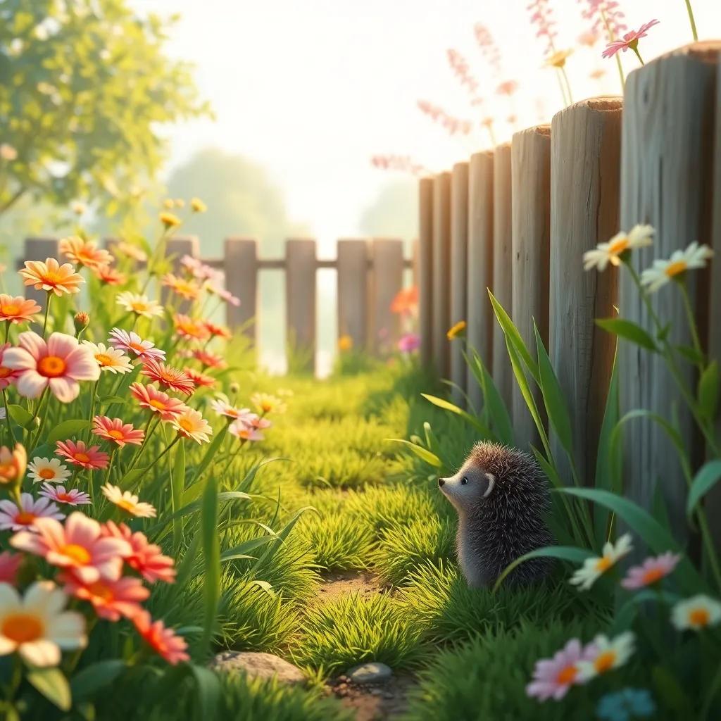 A cozy garden filled with bright flowers and tall grass, with a small hedgehog named Benny looking curiously at the wide world beyond the fence, digital art, vibrant colors, inviting atmosphere, child-friendly, playful inspiration, high quality