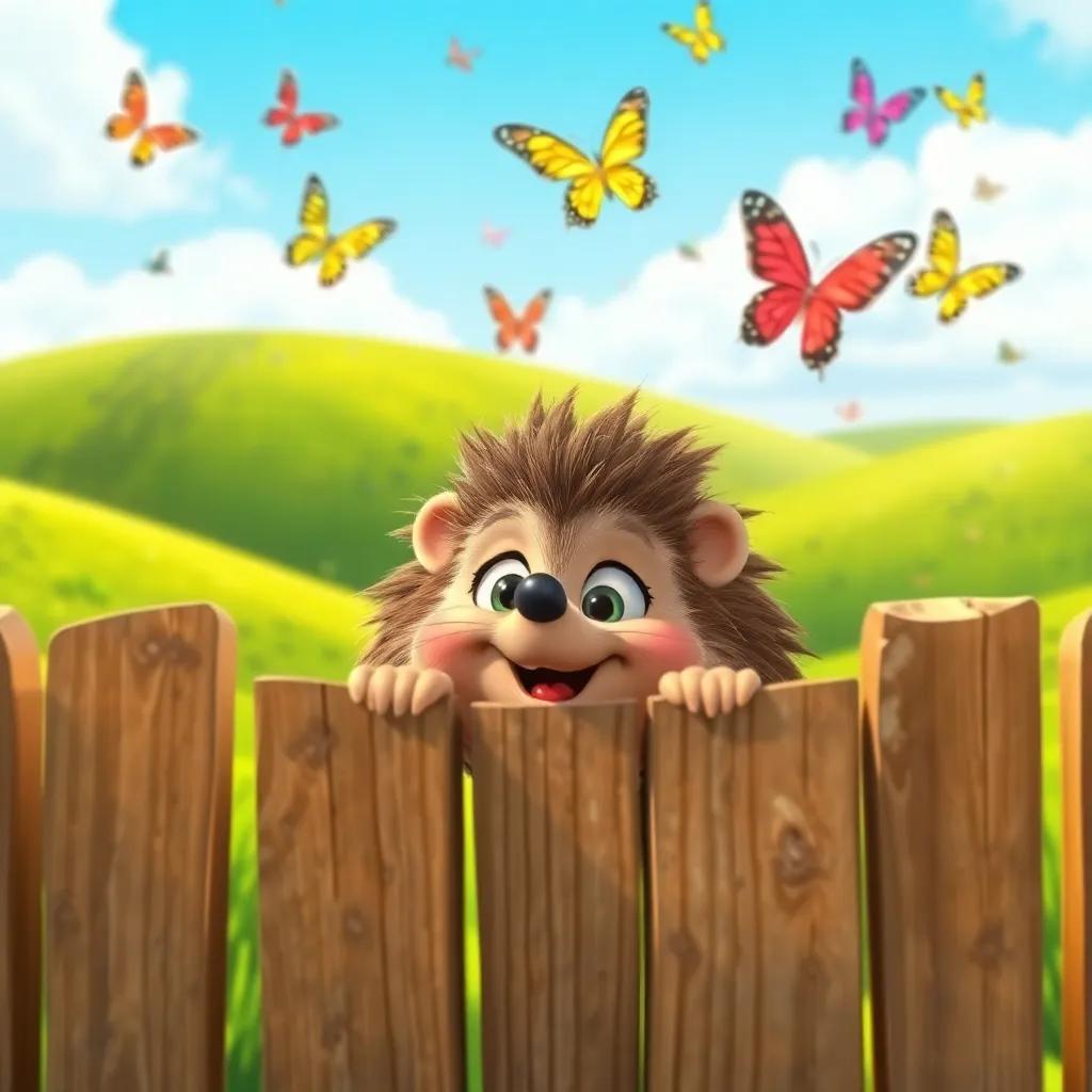 Benny the Hedgehog peeking through a wooden fence, with green hills and colorful butterflies in the sky, feeling excited, bright sunny day, cheerful tones, whimsical perspective, engaging art, high quality