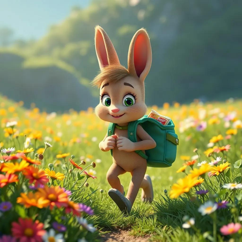 Benny with a tiny backpack filled with snacks, stepping into a beautiful green landscape filled with wildflowers, feeling nervous yet determined, bright sunlight, colorful scenery, lively atmosphere, rich detail, high quality