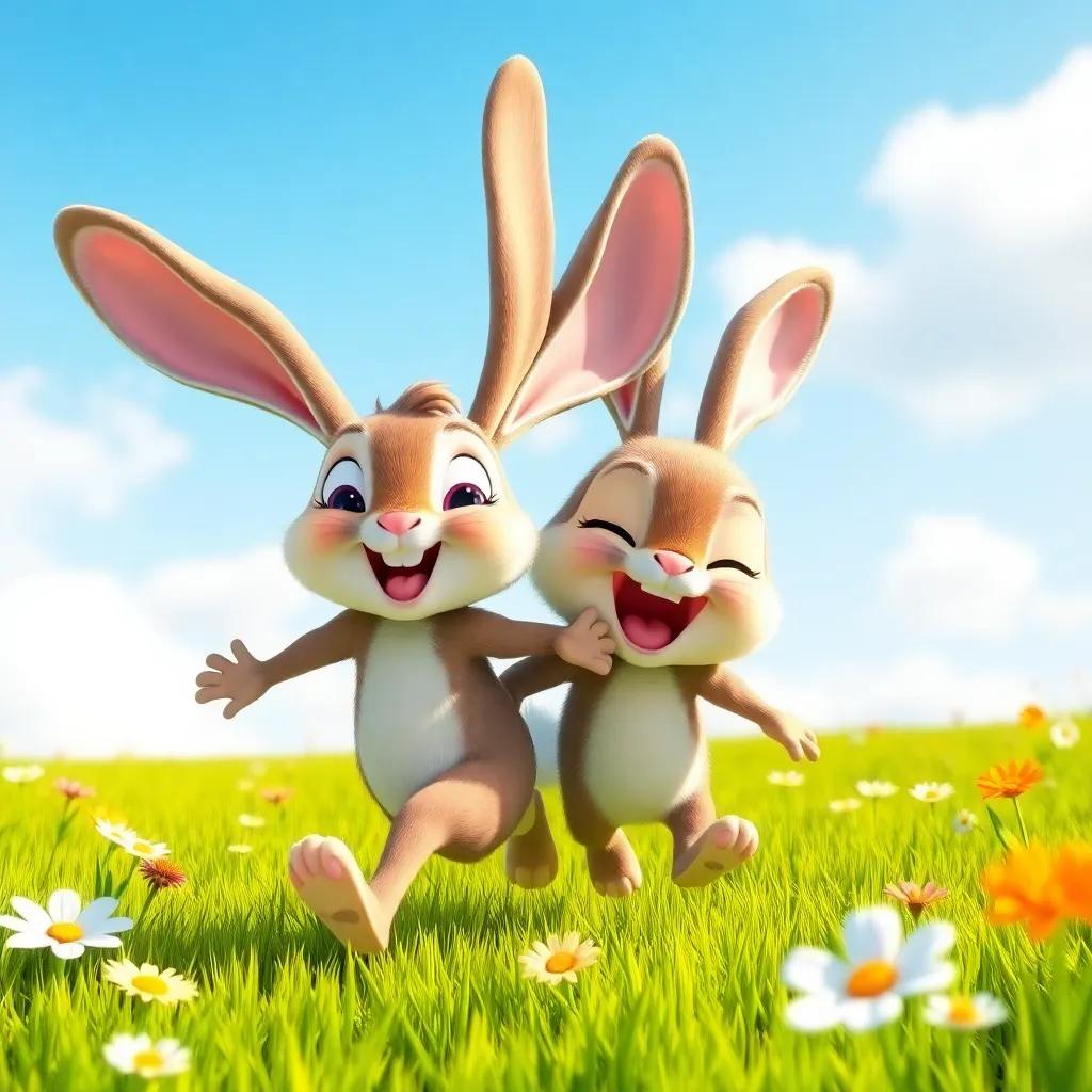 A cheerful rabbit named Ruby with big floppy ears, hopping alongside Benny, both smiling and laughing in an open field, surrounded by playful flowers and bright green grass, joyful colors, animated style, high quality