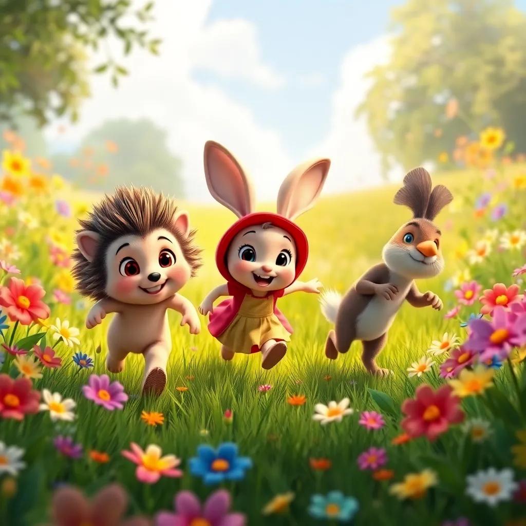 Benny the Hedgehog, Ruby the Rabbit, and Leo the Sparrow exploring together, running through a vibrant meadow with colorful flowers all around, happiness and fun, lush scenery, energetic mood, child-safe, high quality