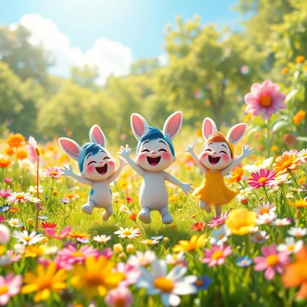 A sparkling meadow with flowers of every color, Benny and his friends dancing joyfully in the sunshine, laughter filling the air, bright sunlight, cheerful environment, engaging artwork, high quality