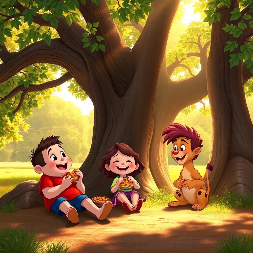 Benny, Ruby, and Leo resting under a big oak tree, sharing snacks and laughing together, feeling relaxed and happy, warm golden sunlight filtering through the leaves, serene atmosphere, charming details, high quality