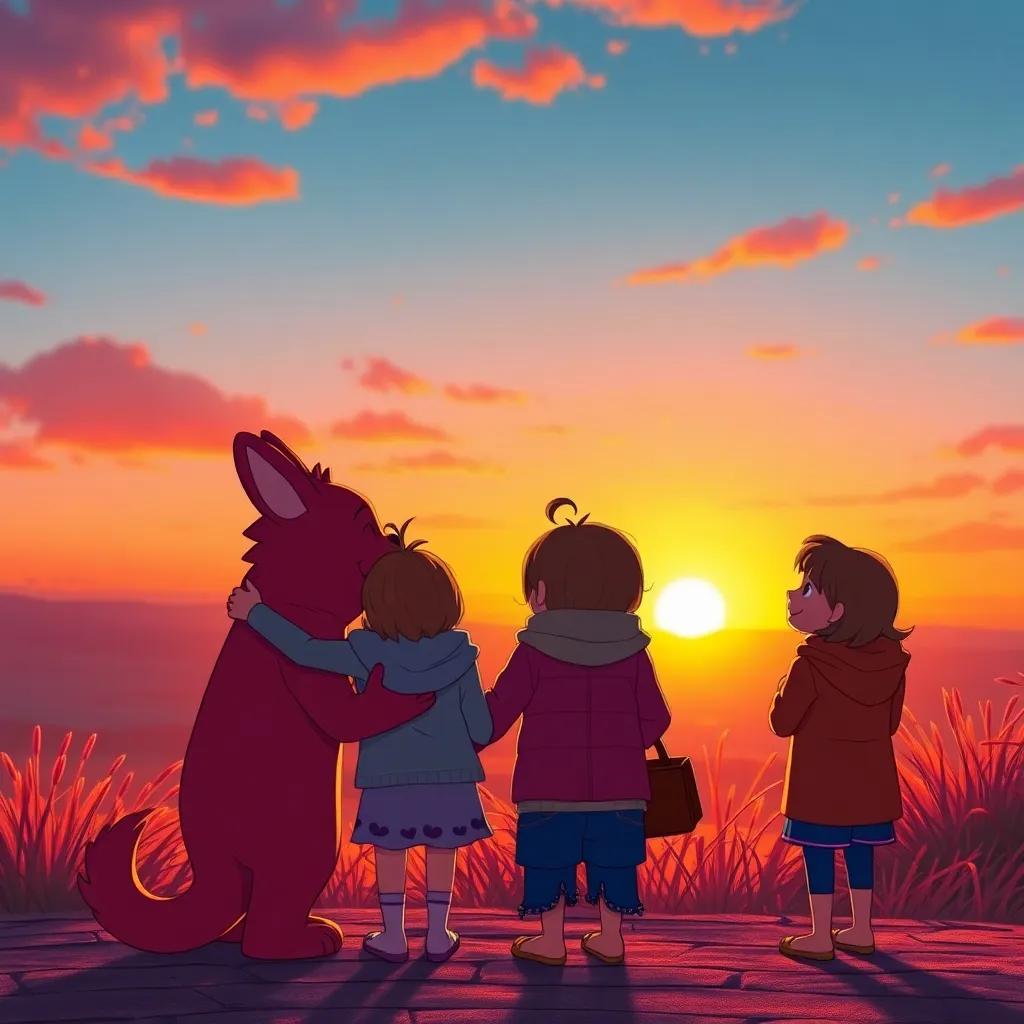 A sunset view as Benny says goodbye to his friends, with warm hugs and smiles, the sky painted in shades of orange and pink, peaceful and heartwarming, magical moment, high quality