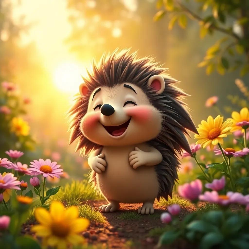 Benny the Hedgehog returning to his garden, smiling with joy and excitement, cozy flowers surrounding him, feeling brave and fulfilled, light of the sunset, tranquil scenery, heartwarming imagery, high quality