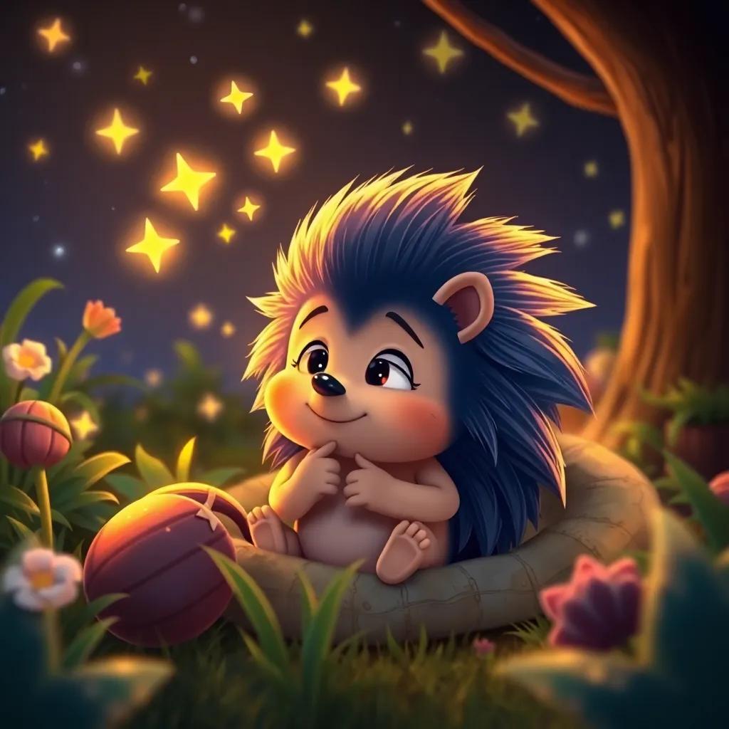 Benny the Hedgehog dreaming about his next adventure, cozy in his garden, with stars twinkling in the night sky, whispers of adventure, warm atmosphere, imaginative artwork, high quality