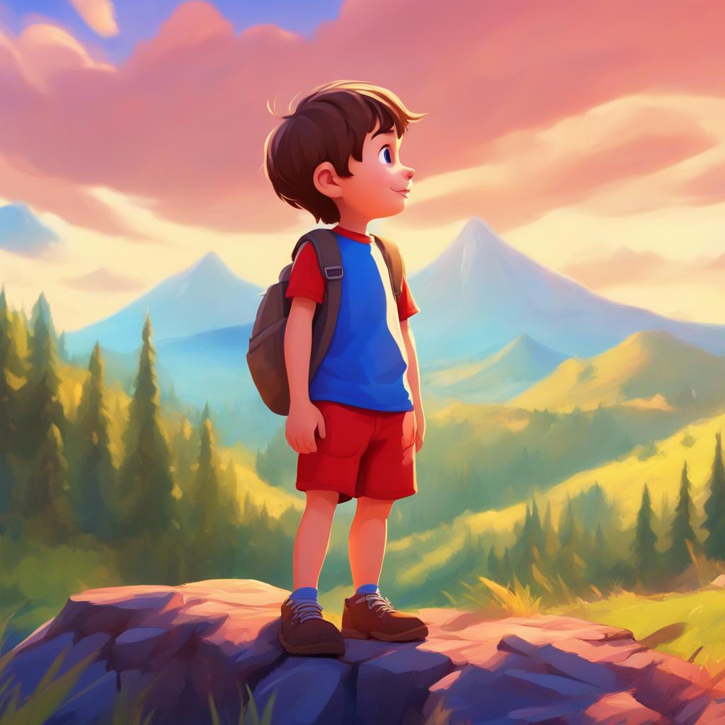 A curious little boy named Benny, with short brown hair, wearing a red shirt and blue shorts, standing at the base of a big mountain under a sunny sky, vibrant colors, cheerful atmosphere, child-friendly art, high quality