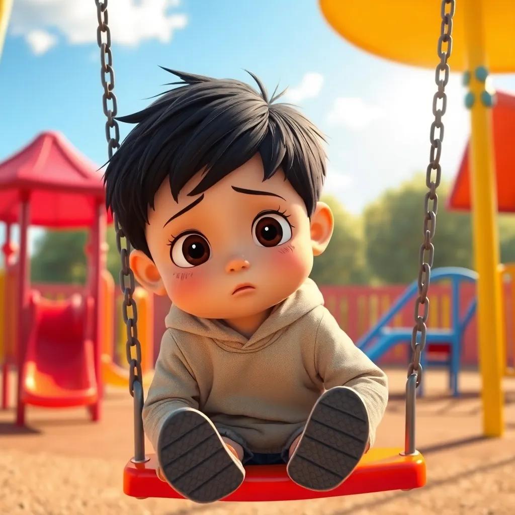 A young boy, Benny, with black hair and round cheeks, sitting on a swing in a playground, looking thoughtful and sad, surrounded by bright colorful playground equipment, sunny day, cheerful atmosphere, digital art, vibrant colors, warm light, inviting scene, detailed
