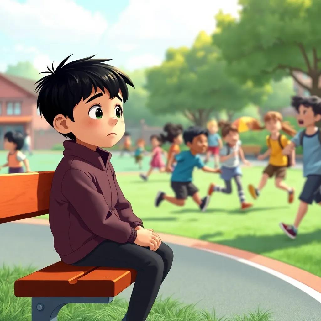 Benny, a young boy with black hair, sitting on a bench at school, watching other children play tag, his expression is sad, the playground is filled with joyful kids running and laughing, illustration, bright colors, engaging scene, cheerful yet bittersweet, warm light