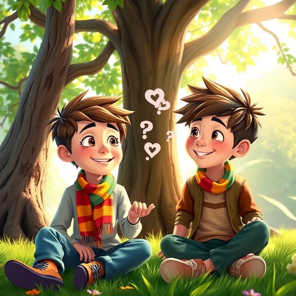 Benny and Max, both young boys with playful expressions, whispering ideas for a game, they have colorful scarves around their necks, sitting under a big tree with sunlight filtering through the leaves, friendly vibe, heartwarming scene, detailed, colorful, bright