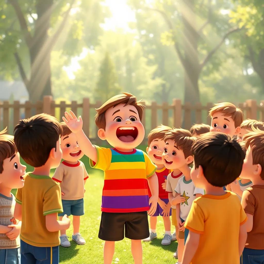 Benny, excitedly explaining the game Rainbow Relay to a group of children who are gathering around him, everyone is smiling and laughing, sunlight shining down on the playground, joyful atmosphere, lively scene, child-friendly, detailed