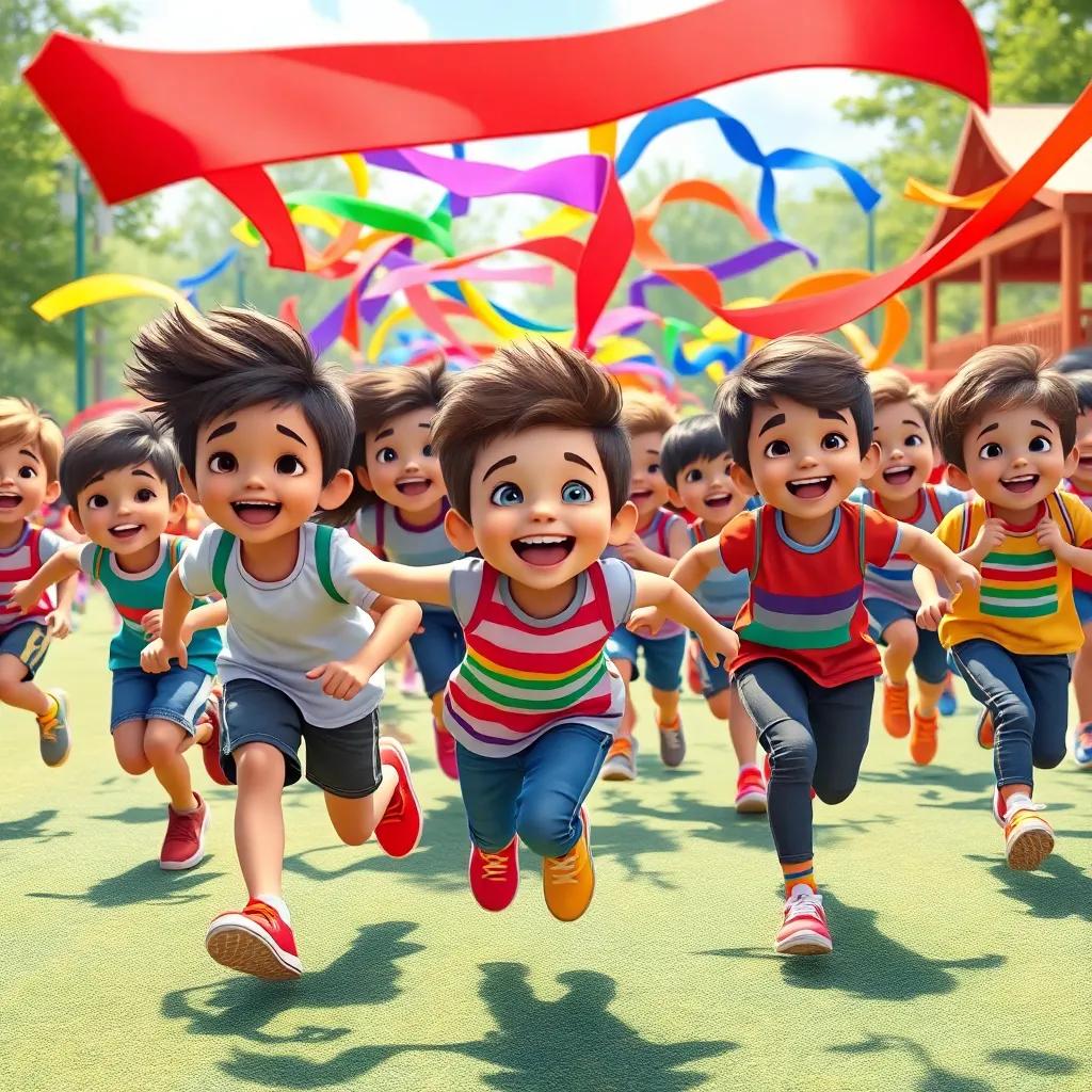A fun scene of all the children running and playing Rainbow Relay, smiling and cheering, with colorful scarves flying, in a bright and vibrant playground setting, digital art, happy and playful mood, detailed, dynamic