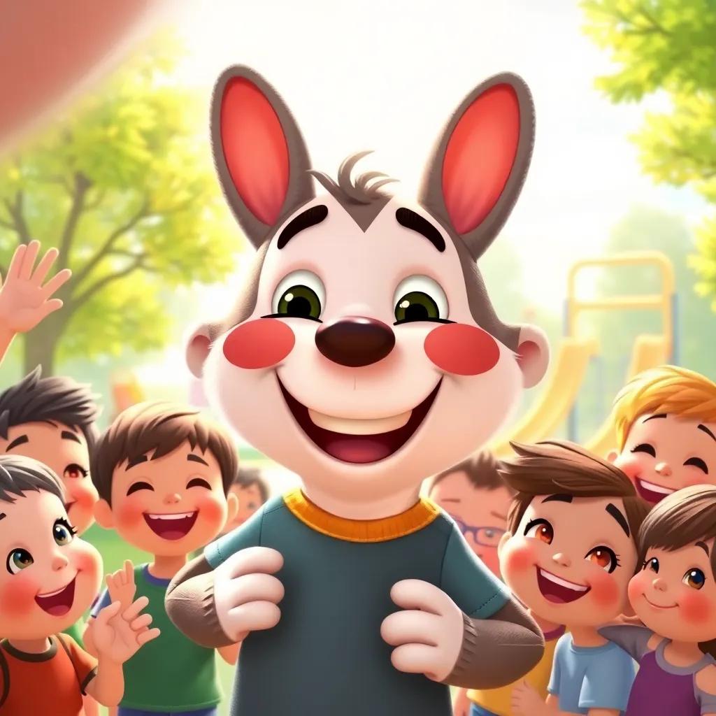 Benny, cheerful and proud, surrounded by kids who are cheering him on, the expressions show joy and friendship, a sunny playground in the background, colorful and warm scene, heartwarming, child-friendly illustration, detailed