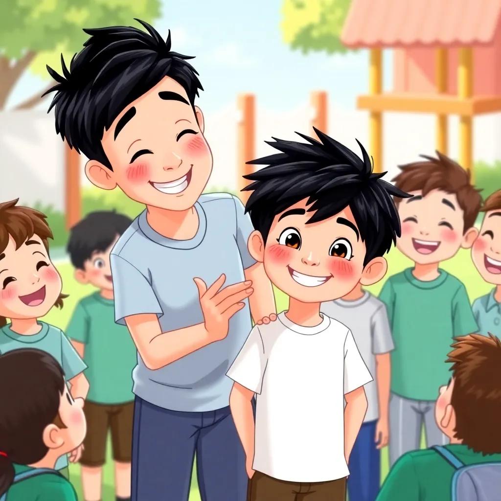 Benny, a happy boy with black hair, being patted on the back by Max, both wearing smiles, standing in a circle with their classmates who are admiring them, playground background, cheerful and friendly mood, engaging scene, bright illustration