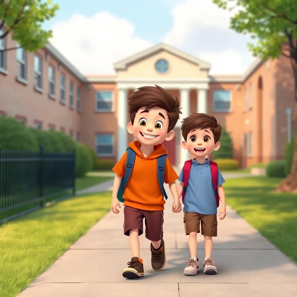 Benny and Max, walking hand in hand back to class, Benny smiling brightly, feeling happy and accepted, with the school building in the background, serene and thoughtful atmosphere, vibrant colors, child-friendly, detailed scene