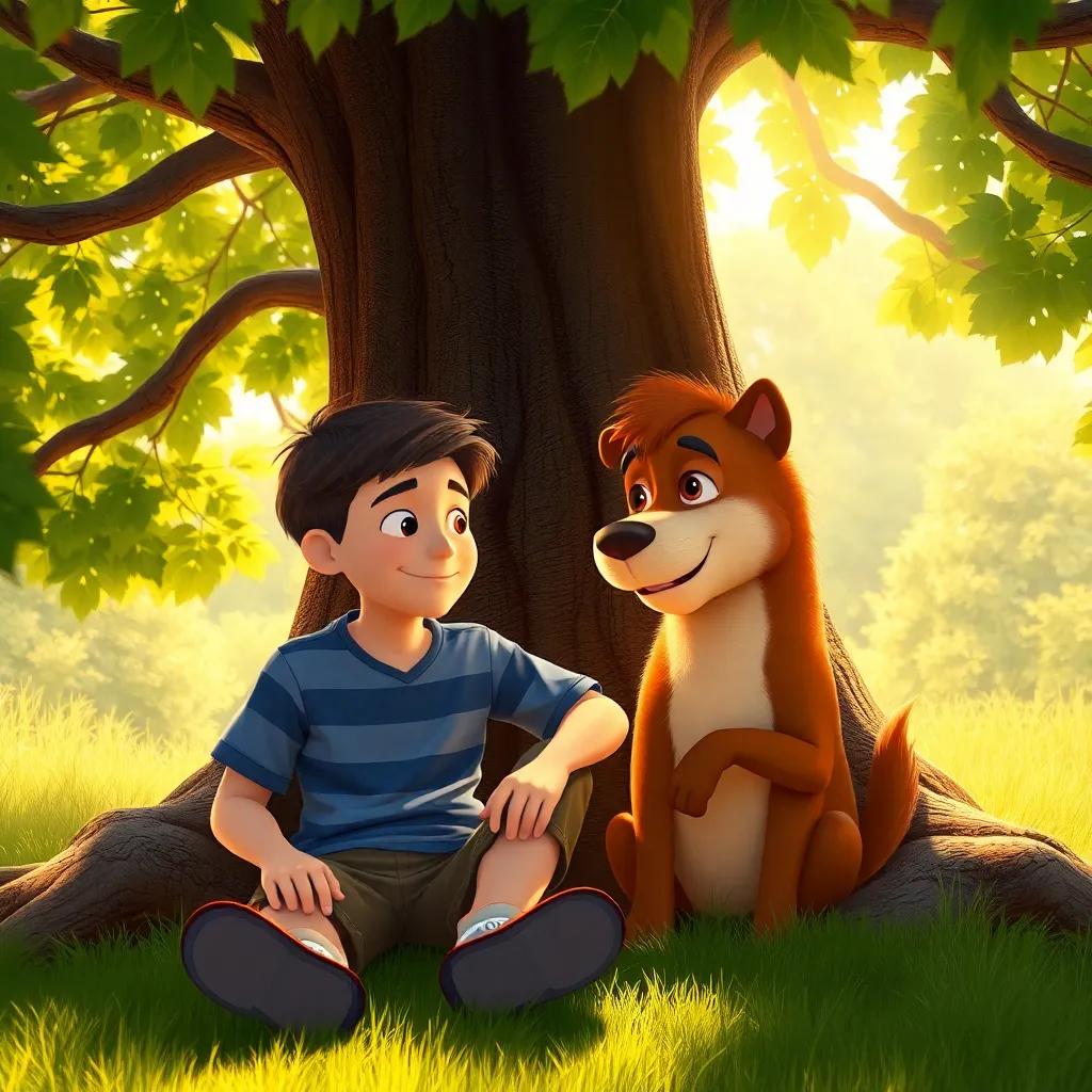 Benny sitting with Max under a big tree, reflecting on their day, both looking content and happy, sunlight filtering through the leaves creating a warm glow, peaceful and heartwarming scene, digital art, inviting colors, detailed
