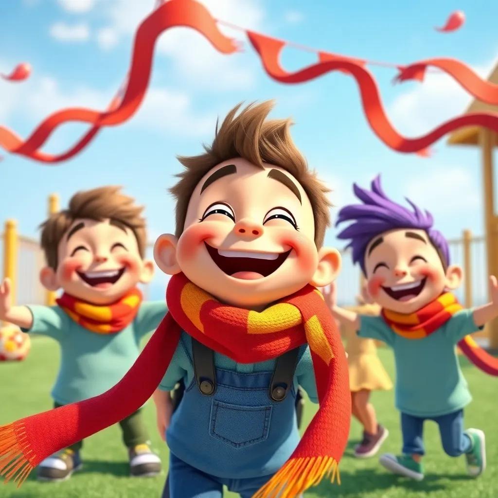 Benny, smiling widely, surrounded by his friends, playing and enjoying their time together, having fun with colorful scarves, bright playground setting, joyous atmosphere, child-friendly illustration, detailed