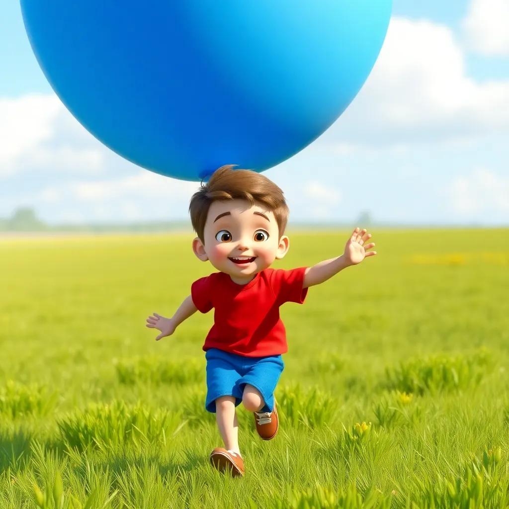 A young boy, Ben, with short brown hair, wearing a bright red shirt and blue shorts, running joyfully in a green field with a big blue balloon floating above, sunny day, vibrant colors, cheerful atmosphere, high quality