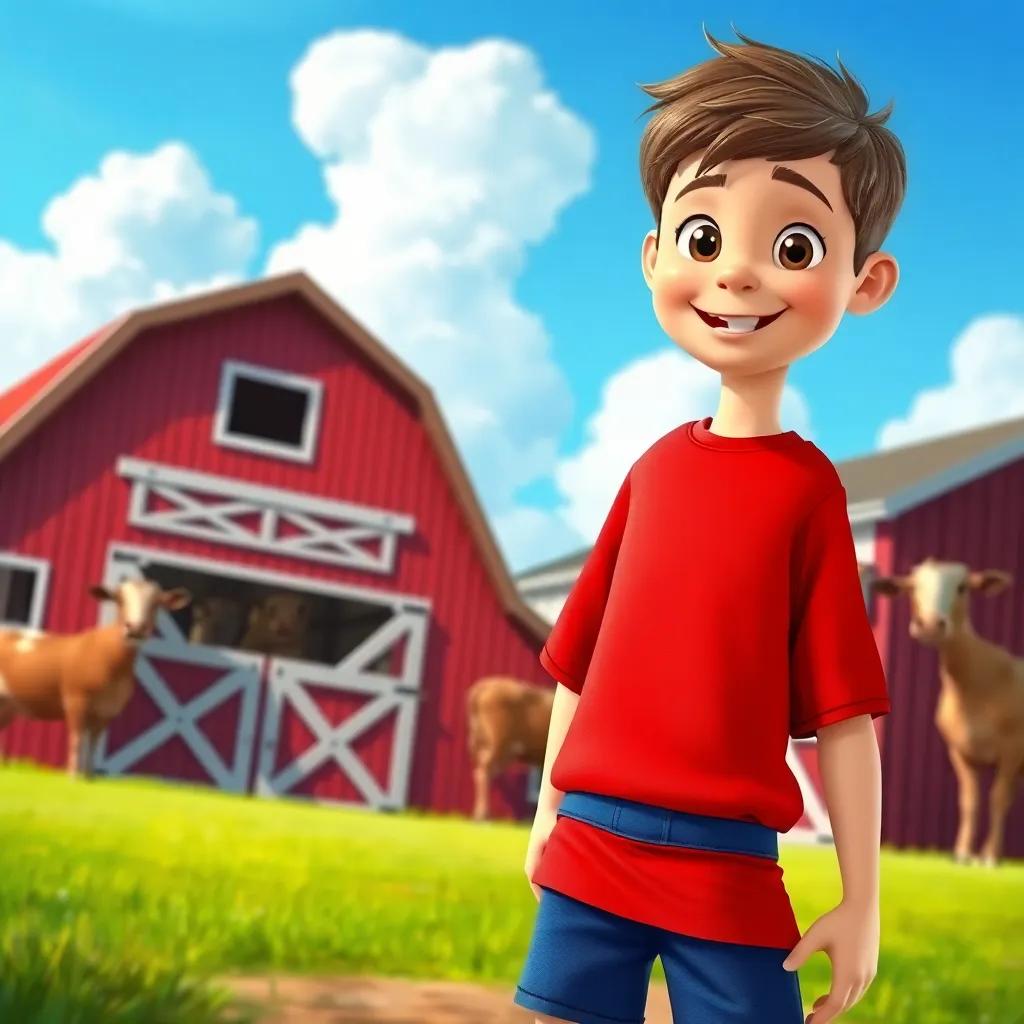 A young boy, Ben, with short brown hair, wearing a bright red shirt and blue shorts, standing in front of a red barn with brown cows, a blue sky and fluffy clouds, action scene, colorful, joyful, child-friendly