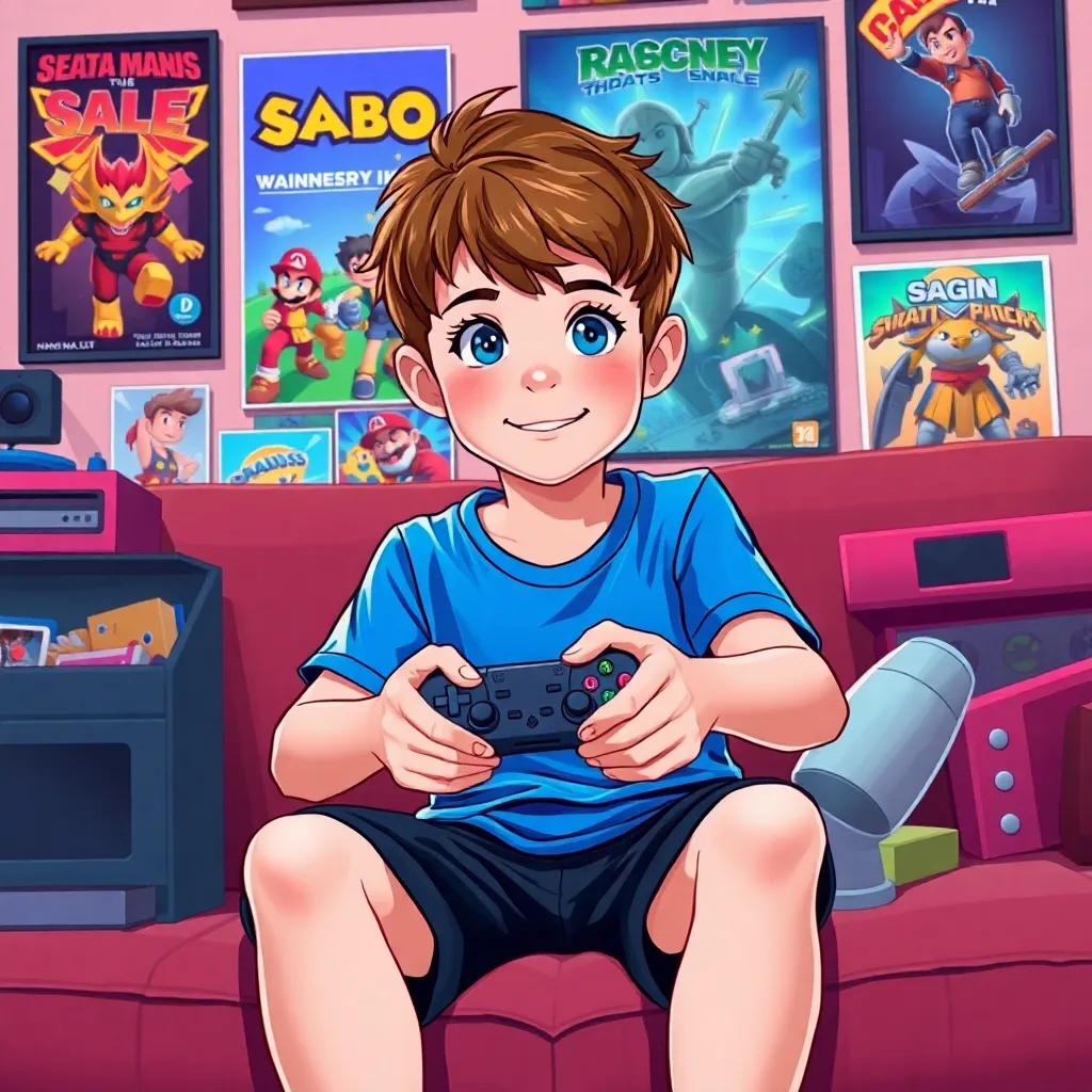 A young boy, Ben, with short brown hair, wearing a blue t-shirt and black shorts, sitting on a couch with a game controller in his hands, surrounded by game posters and toys, digital art, bright colors, dynamic scene, high quality