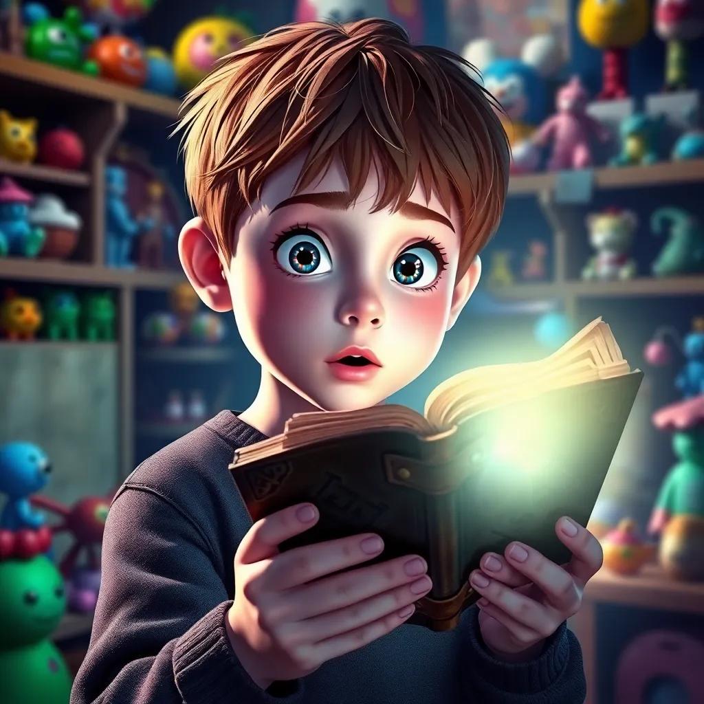 A young boy, Ben, with short brown hair, looking surprised in a room filled with colorful toys, a leather-bound spellbook glowing in Gwen's hand, her eyes sparkling with mischief, digital art, magical atmosphere, vibrant colors, high quality