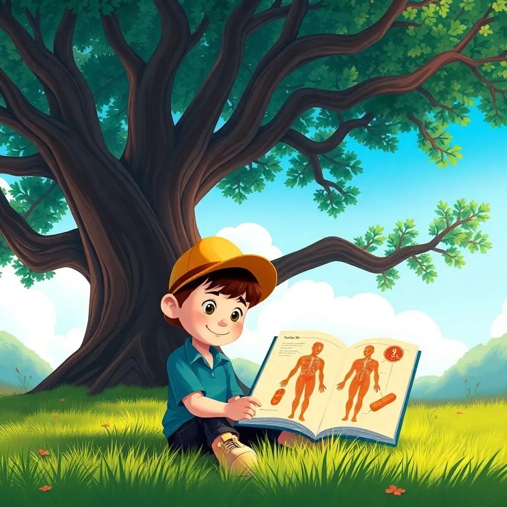 A young boy, Ben, sitting on the grass under a giant oak tree, wearing a detective hat, looking at a book about the human body with curiosity, illustration, vibrant colors, cheerful atmosphere, inviting scene, high quality