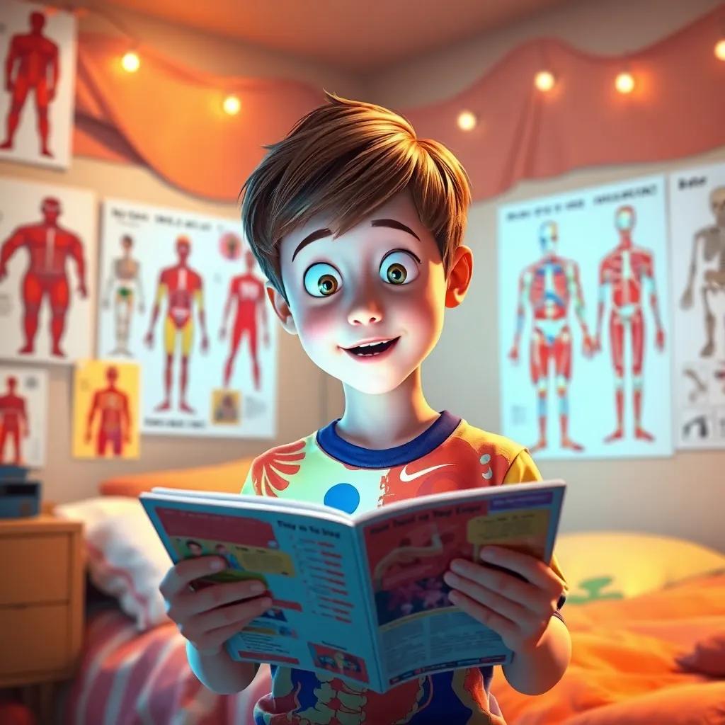 Ben, a young boy with short brown hair, wearing a colorful shirt, excitedly reading about muscles and bones in a cozy bedroom, surrounded by posters of the human body, warm light, bright colors, engaging view, high quality