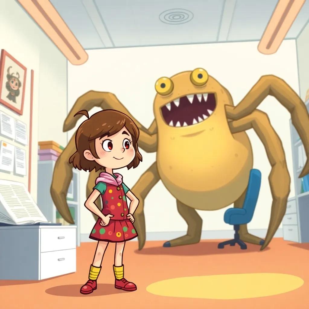 A brave girl, Betül, with short hair and colorful clothes, looking determined as she stands in her office facing a large eight-legged monster, cartoon style, bright colors, playful atmosphere, cheerful perspective, high quality