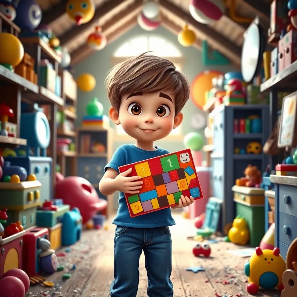 A young boy, Billy, with short brown hair, wearing a blue t-shirt and jeans, standing in a bright attic filled with colorful toys and dust, holding a colorful board game, cheerful atmosphere, children-friendly, enchantment