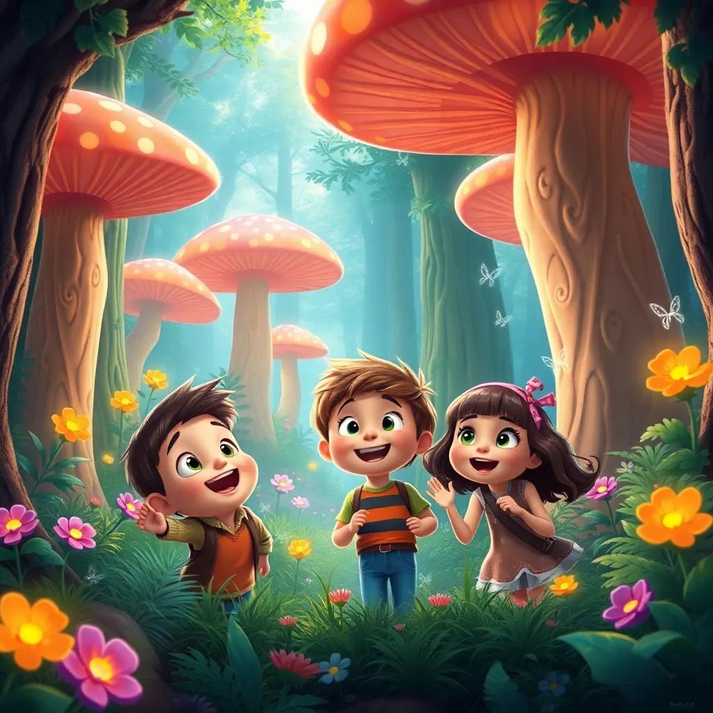 Three friends, Billy, Sam, and Lucy, inside a magical forest with giant mushrooms and sparkling flowers, looking amazed and excited, digital art, vibrant colors, whimsical