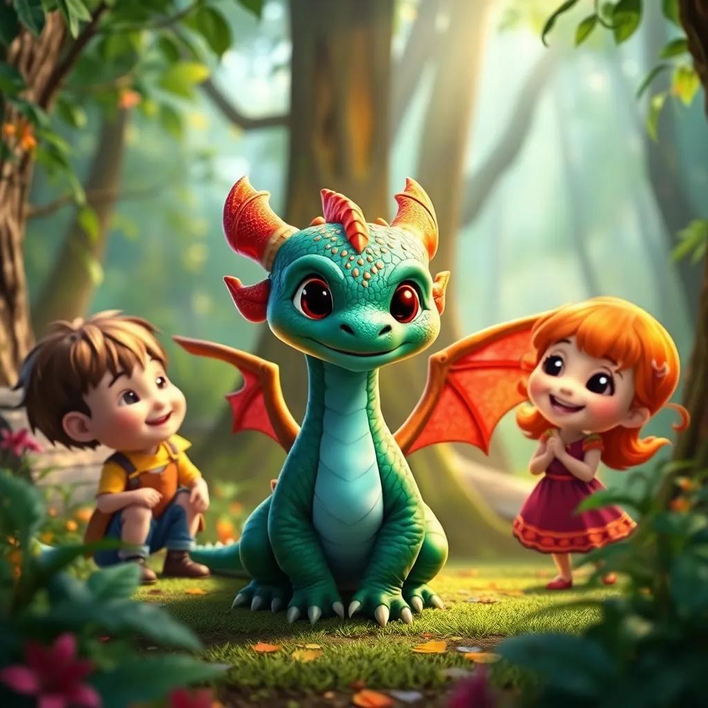 A small friendly dragon, Sparky, with bright blue scales, smiling at Billy, Sam, and Lucy in the magical forest, playful interaction, colorful environment, enchanting, fantasy