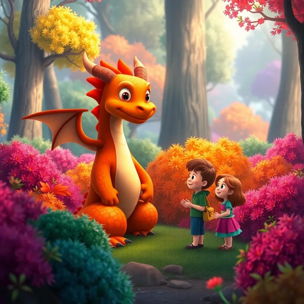 Sparky the dragon asking a riddle to the three friends in the magical forest, with colorful bushes and trees surrounding them, engaging atmosphere, cheerful