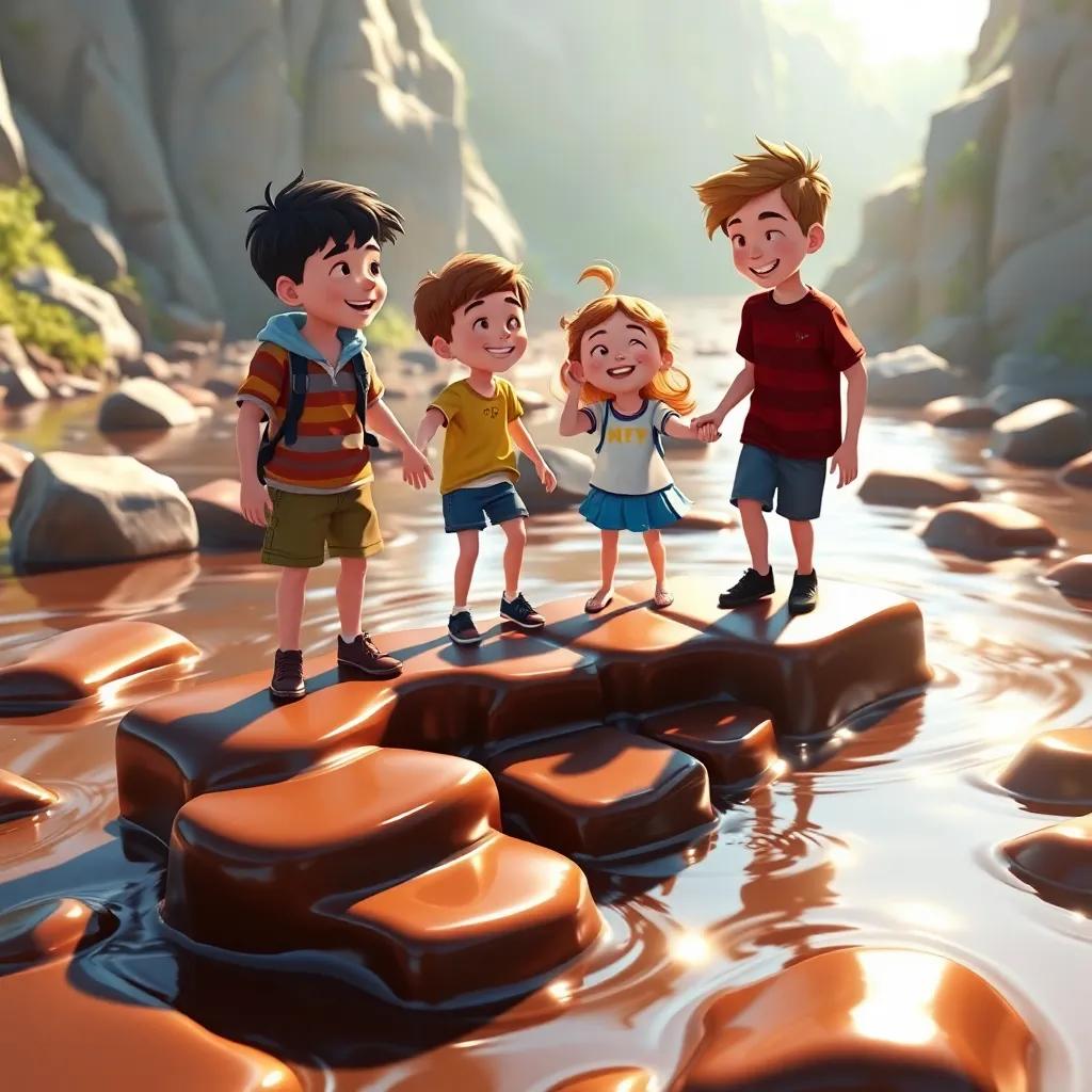 The kids standing on shiny, slippery stepping stones across a river of chocolate, laughing and helping each other, bright sunlight, sweet adventure scene