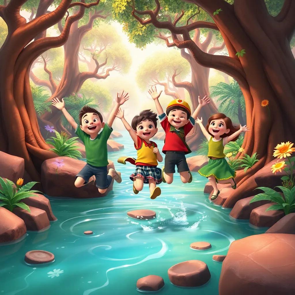 Billy, Sam, and Lucy jumping in delight after crossing the chocolate river, surrounded by magical trees and plants, playful and exciting atmosphere, colorful artwork