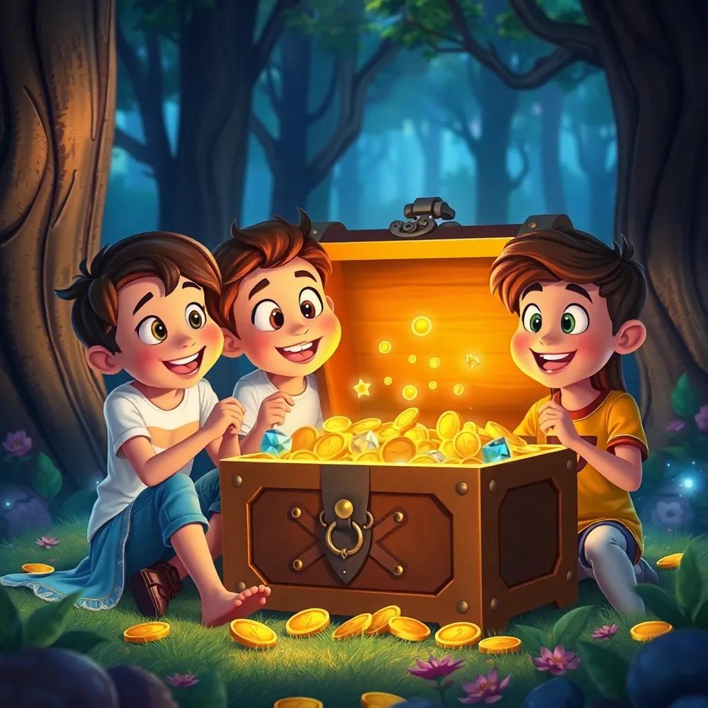 The friends opening a treasure chest filled with gold coins and jewels, sitting in the magical forest, their faces filled with joy and surprise, enchanting, colorful