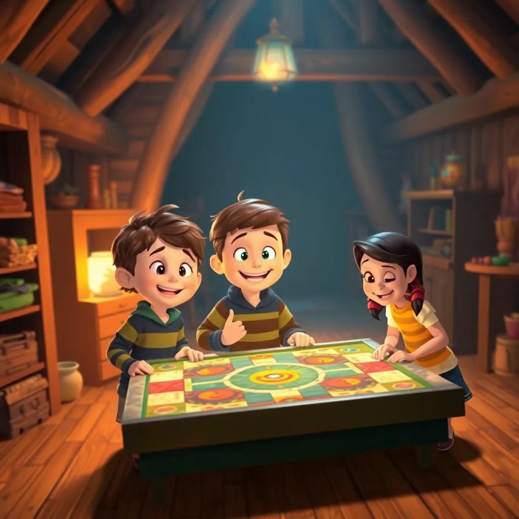 Billy, Sam, and Lucy returning to the attic, standing around the closed board game with smiles on their faces, feeling magical, vibrant atmosphere, warm colors