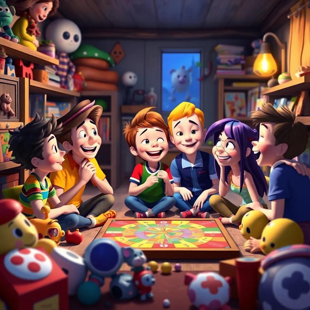The friends laughing and talking about their next adventure, surrounded by colorful toys and the board game in Billy's attic, friendly and joyful scene, inviting